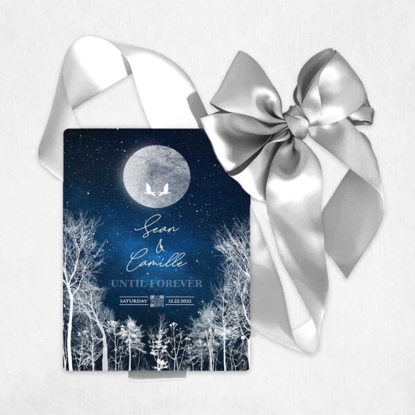 Midnight Blue and Silver Full Moon Forest Metal Wedding Invitation with QR Code #11115