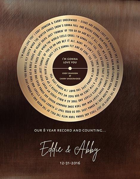 Our Song Lyrics Bronze Anniversary Gift for 8th Wedding Anniversary – Custom Art Print for Abby V