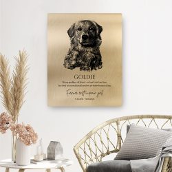 Family dog memorial plaque on custom silhouette on golden tin