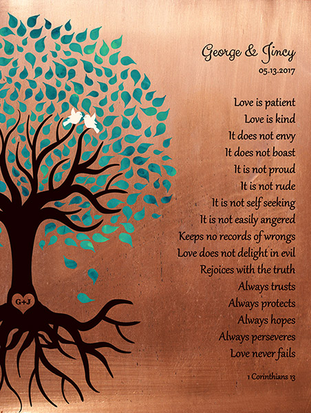 Seven Year Anniversary Copper Turquoise Tree for Couples – Custom Art Print for George C