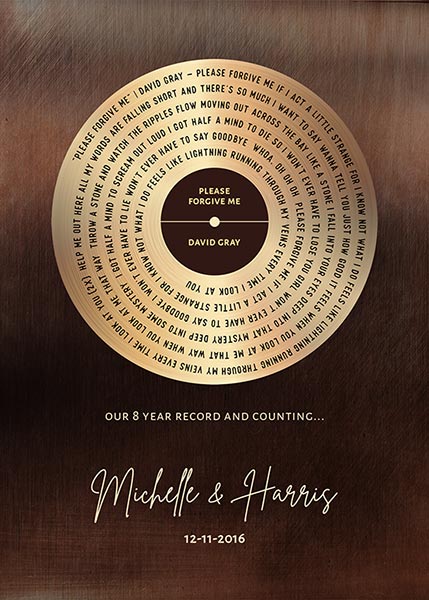 8 Year Anniversary Our Song Lyrics Bronze Record Label – Custom Art Print for Harris S