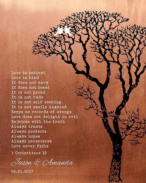 Seven Year Copper Wedding Anniversary Gift with 1 Corinthians 13 – Custom Art Print for Jason R