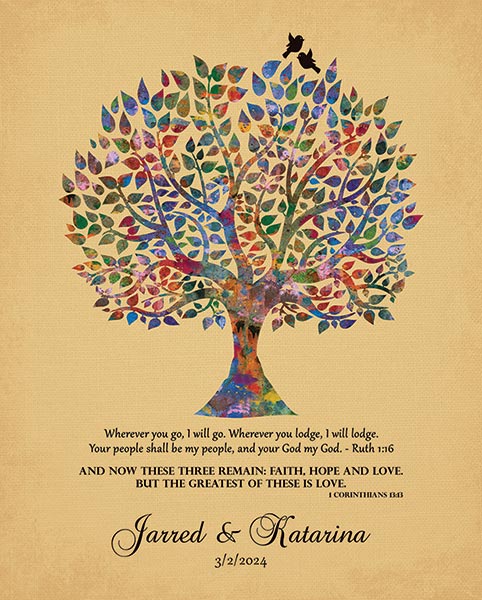 13 Year Wedding Anniversary Corinthians 13:!3 Watercolor Tree on Gold – Custom Art Print for Katarina G