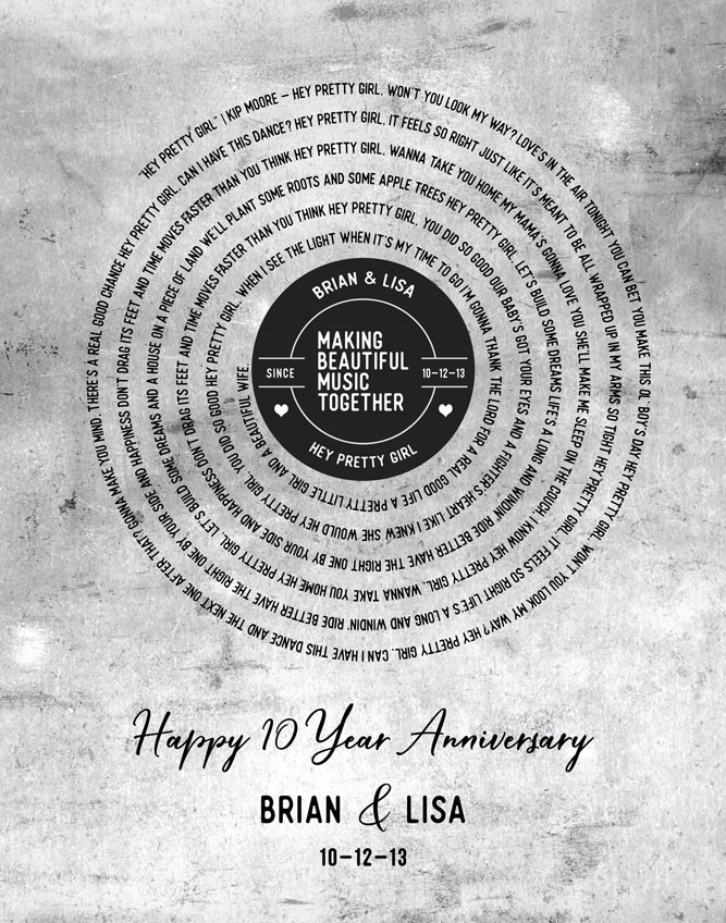 Paper Print. Wedding Song Lyrics on Tin Record Label Style #1910. Personalized 10th anniversary gift for Lisa L.