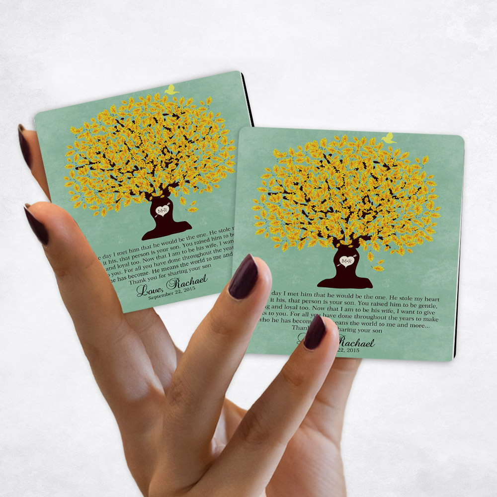 Close up picture of wedding Yellow Oak Tree on Green Stone Magnet Set MAG-1104