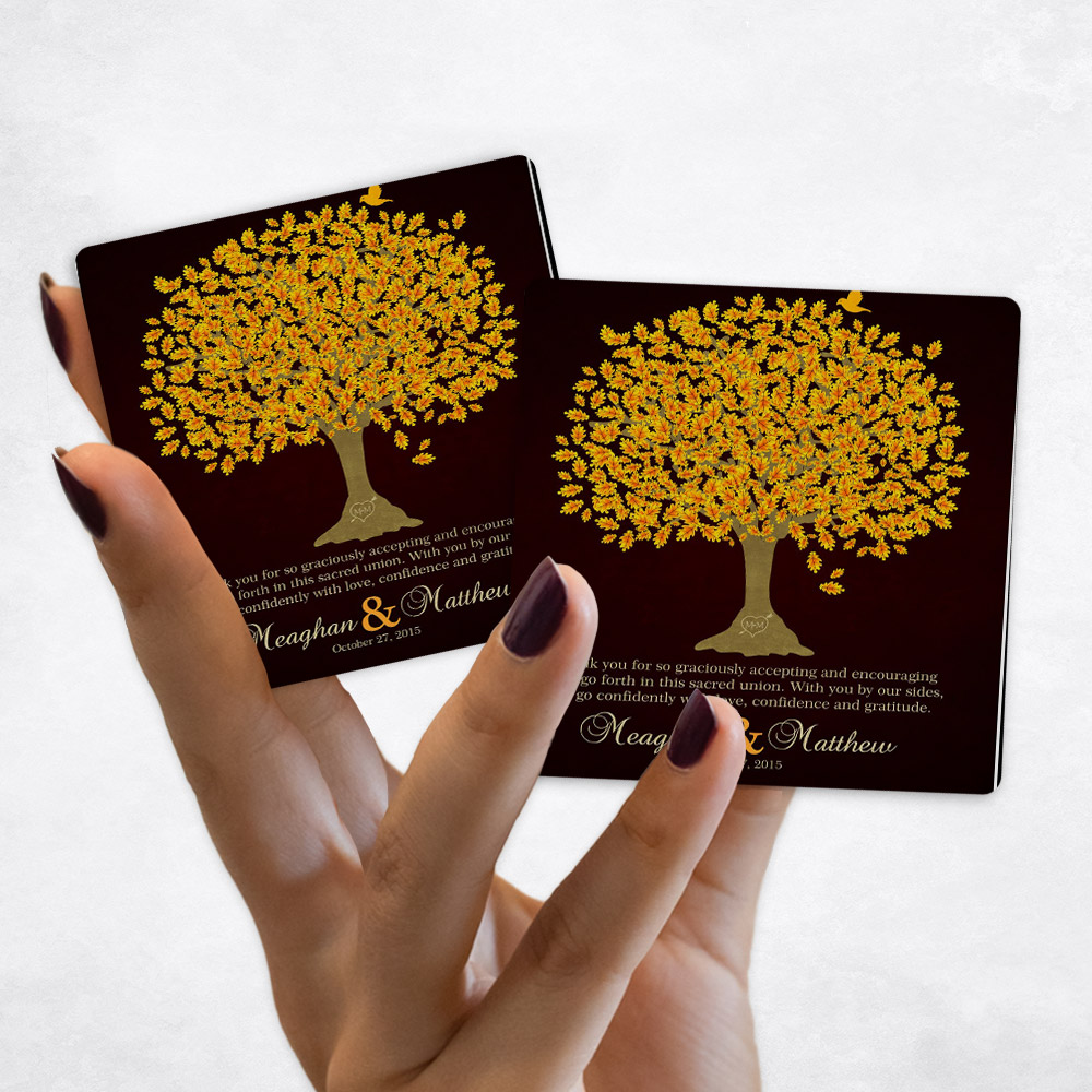 Close up picture of wedding Orange Oak Thank You Tree on Maroon Magnet Set MAG-1105