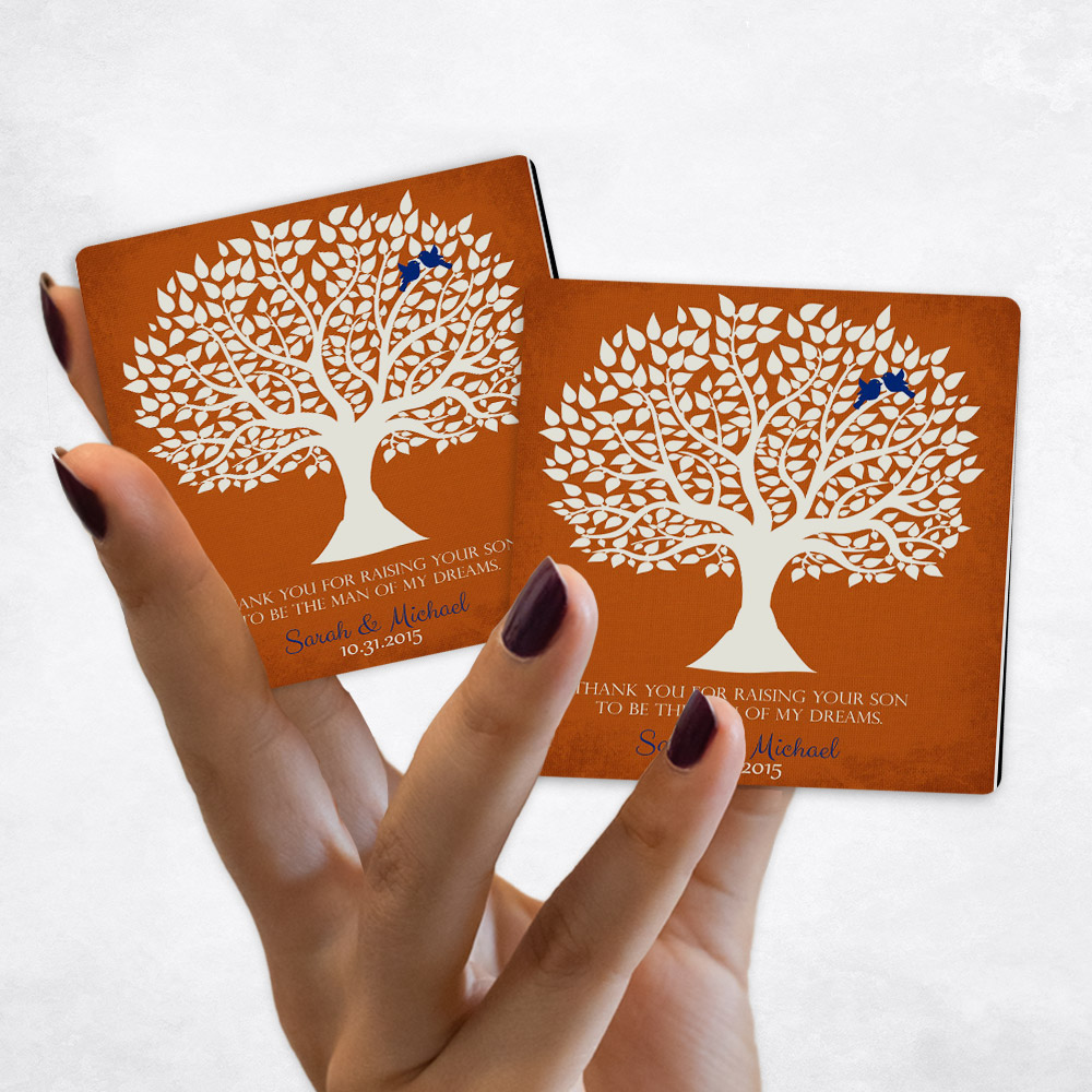 Close up picture of wedding White Silhouette Tree on Orange Distressed Magnet Set MAG-1114