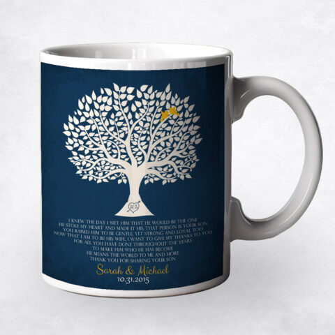 White Silhouette Tree on Navy Blue wedding Coffee Mug M-1115