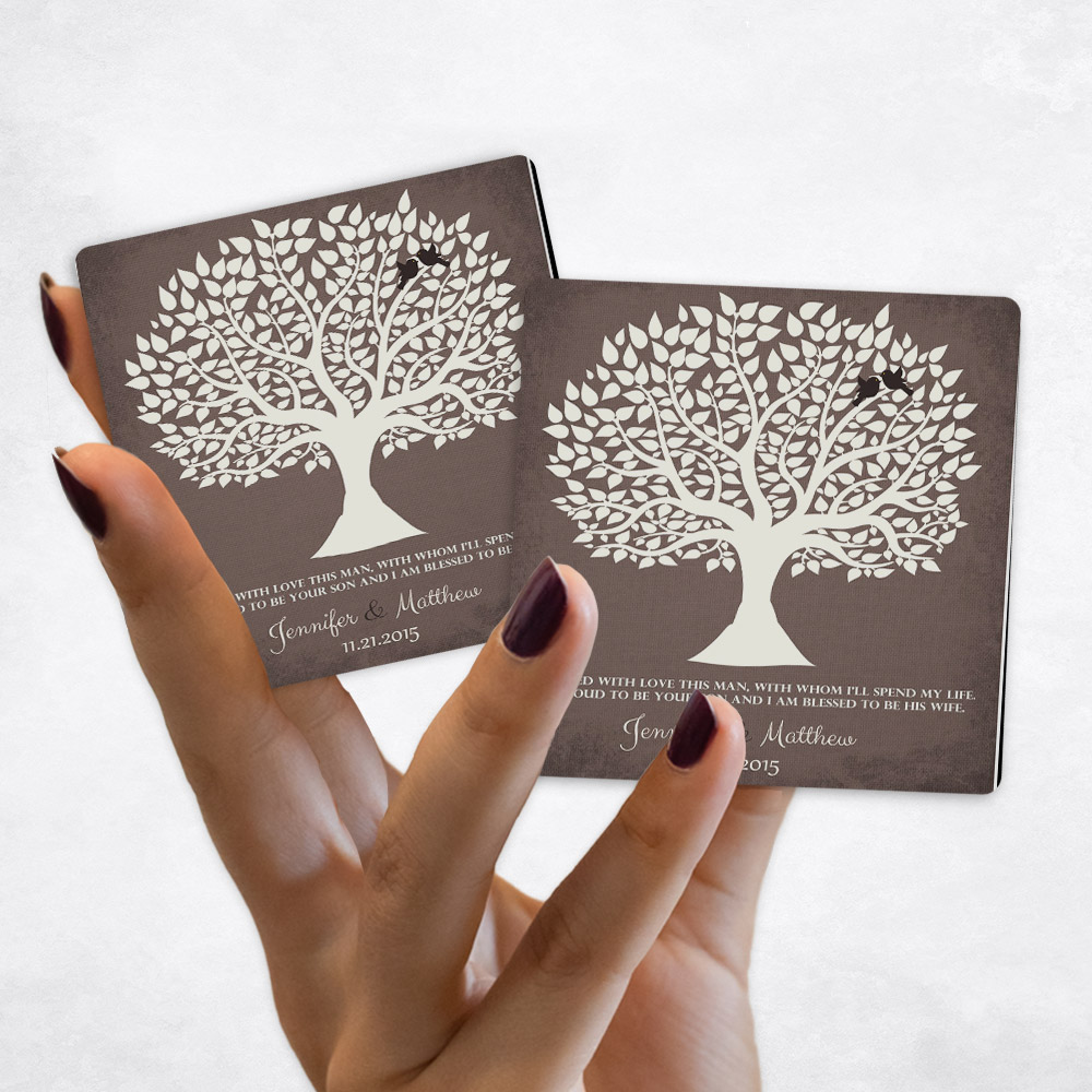 Close up picture of wedding White Silhouette Tree on Brown Distressed Magnet Set MAG-1116