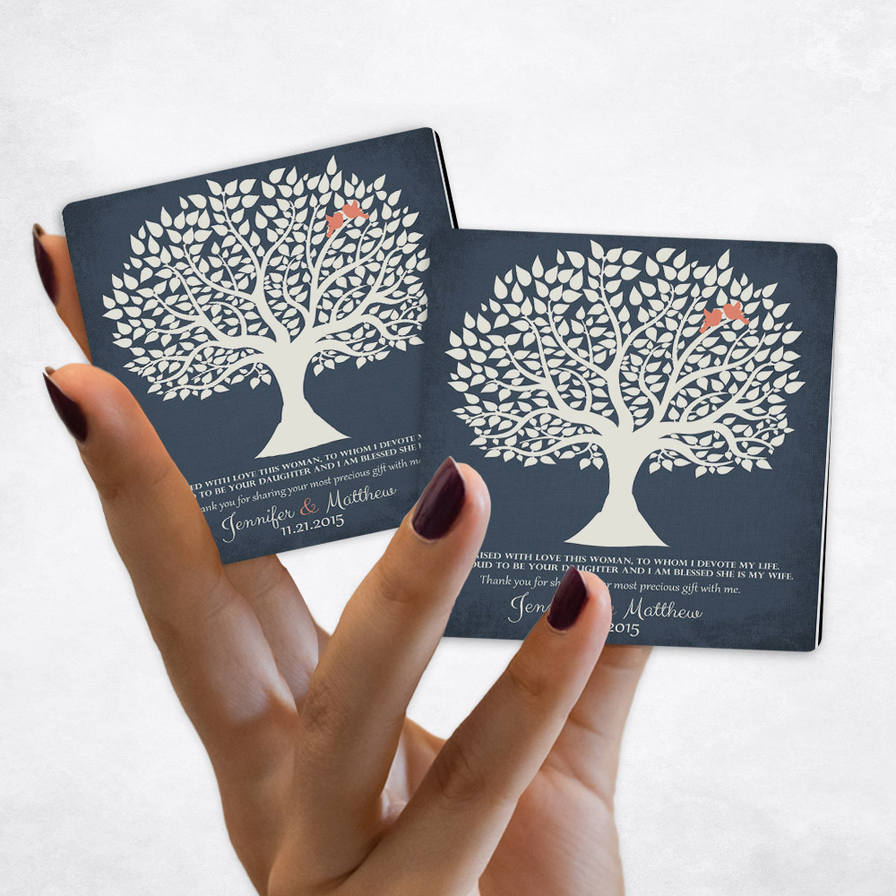 Close up picture of wedding White Tree Silhouette on Blue Distressed Linen Magnet Set MAG-1117