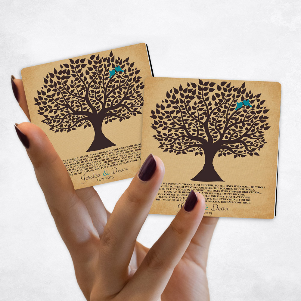 Close up picture of wedding Brown Silhouette Tree on Gold Distressed Linen Magnet Set MAG-1118