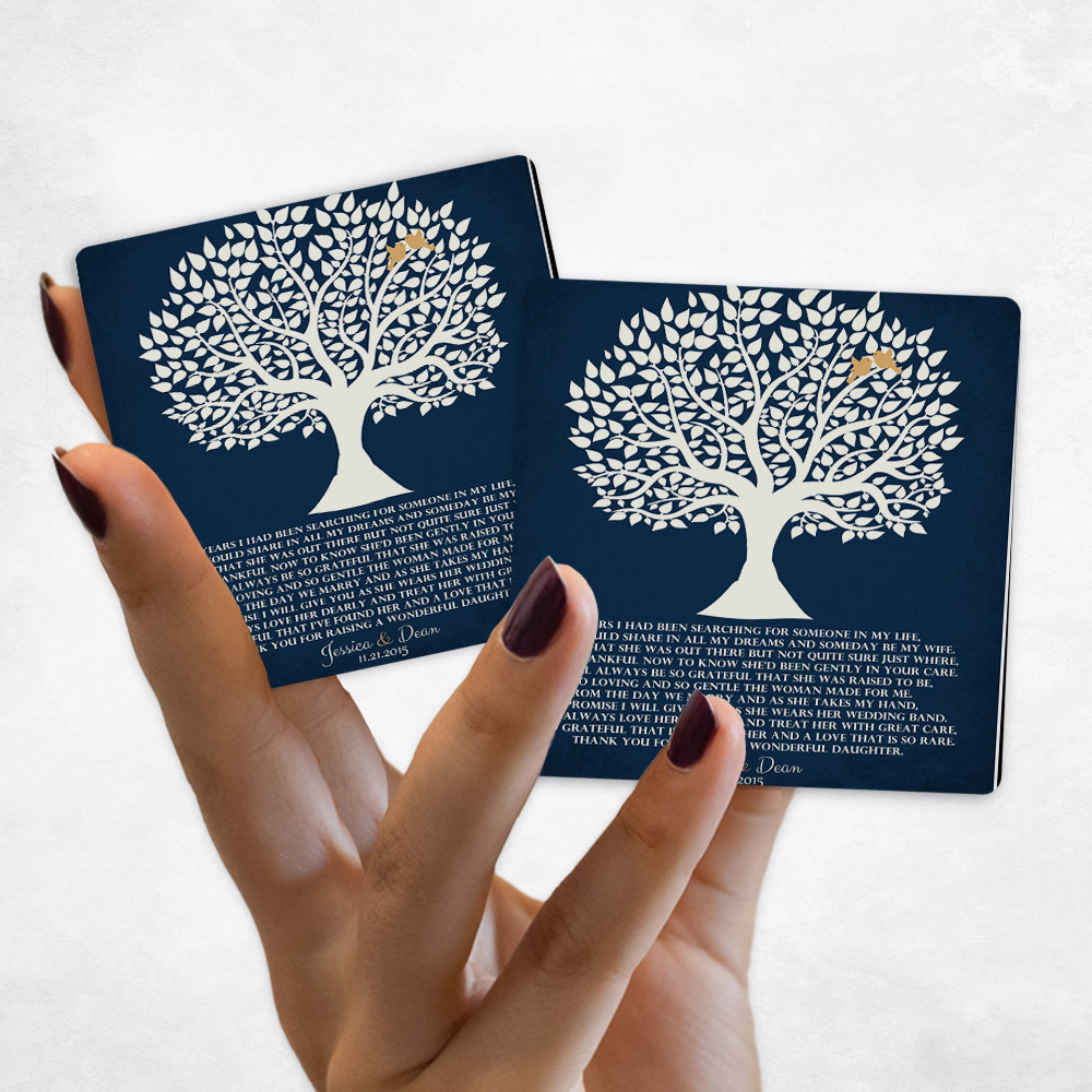 Close up picture of wedding White Silhouette Tree on Navy Distressed Linen Magnet Set MAG-1119