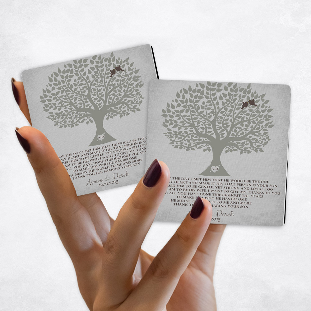 Close up picture of wedding Shades of Gray Silhouette Tree Distressed Linen Magnet Set MAG-1120