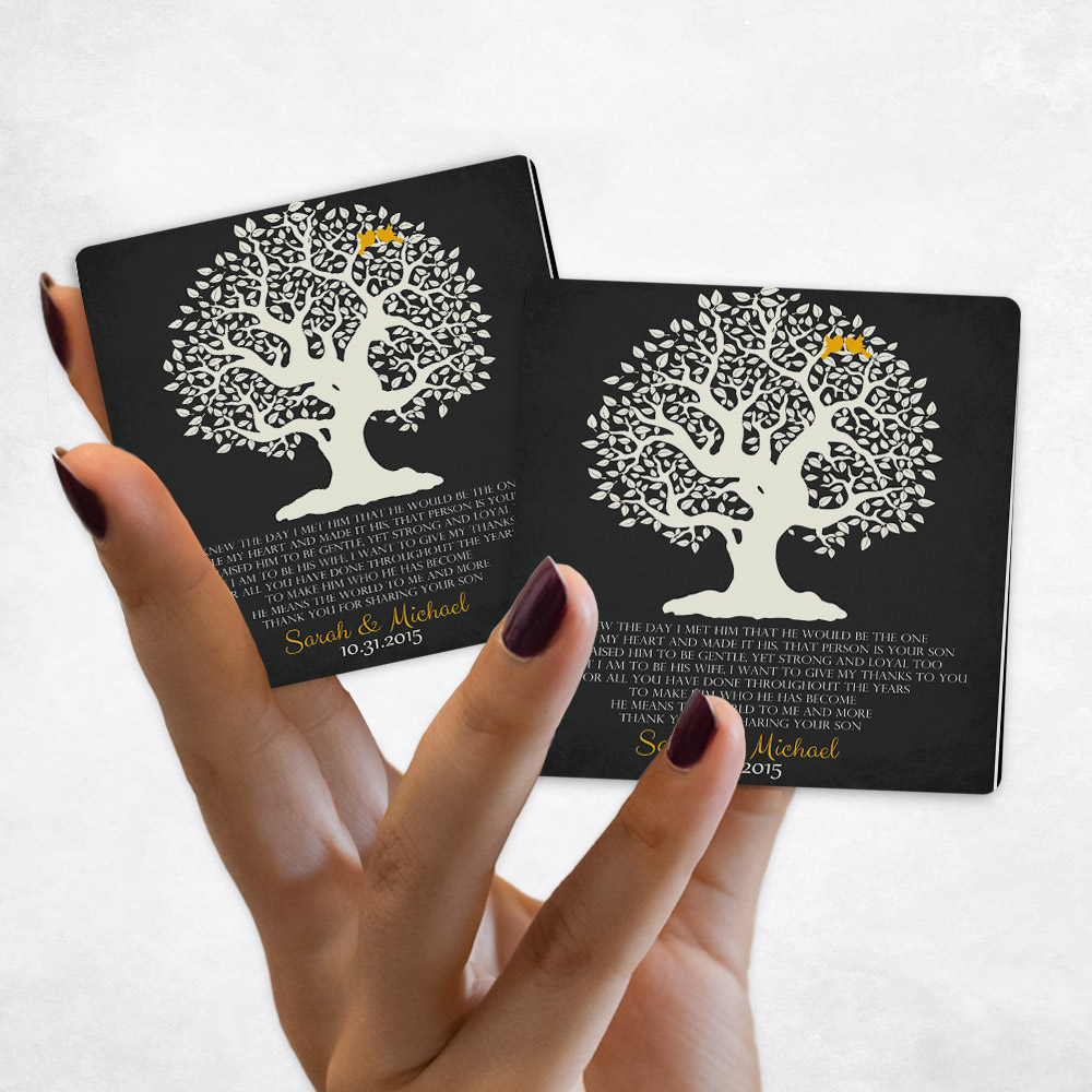 Close up picture of wedding White Crooked Tree on Black Distressed Linen Magnet Set MAG-1124