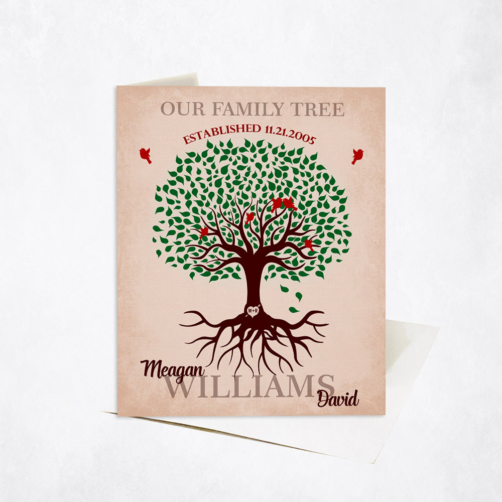 Picture of Green Family Tree with Roots Baby Birds anniversary Stationery Card C-1129