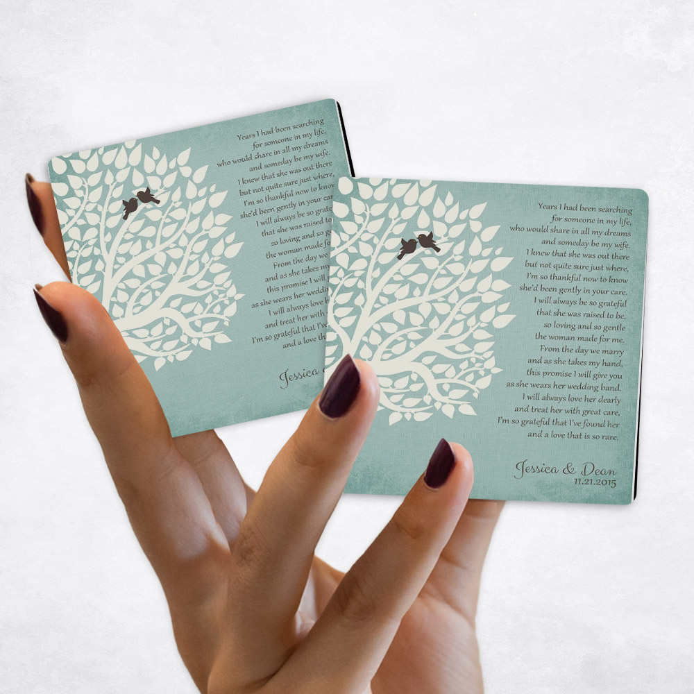 Close up picture of wedding White Silhouette Tree on Turquoise Distressed Linen Magnet Set MAG-1130