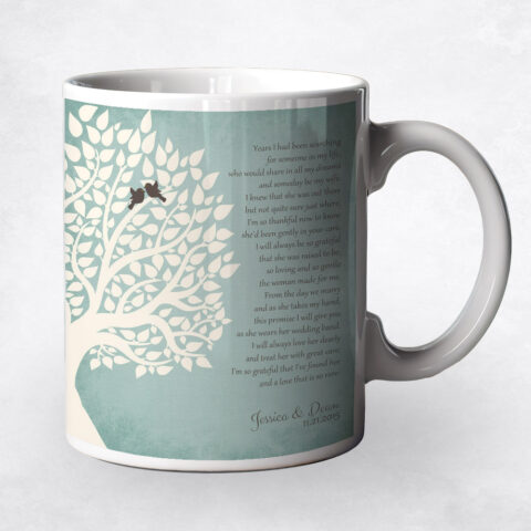 White Silhouette Tree on Turquoise wedding Coffee Mug M-1130