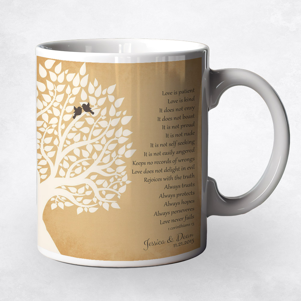 Closeup image of White Silhouette Tree Corinthians on Gold  anniversary Coffee Mug M-1131