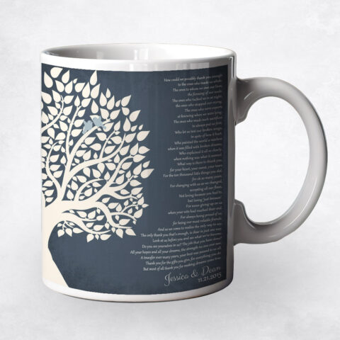 White Silhouette Tree on Blue wedding Coffee Mug M-1132