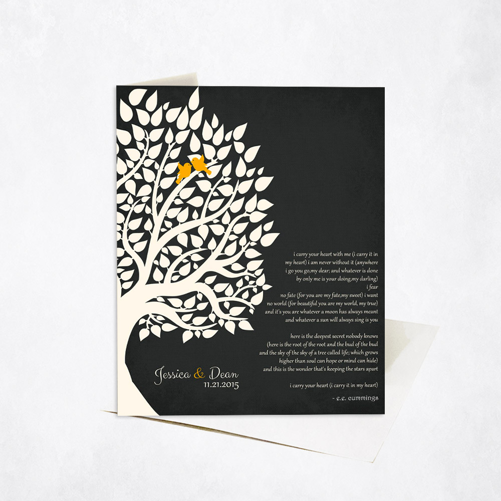 Picture of White Silhouette Tree Poem on Black anniversary Stationery Card C-1133