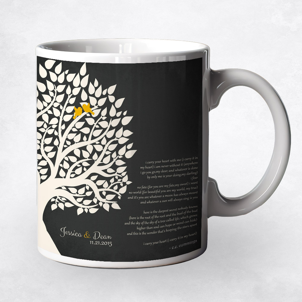 Closeup image of White Silhouette Tree on Black  anniversary Coffee Mug M-1133