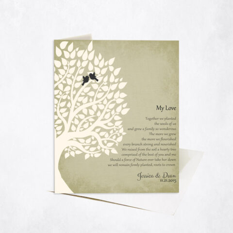 White Silhouette Tree Poem on Sage anniversary Stationery Card-1134