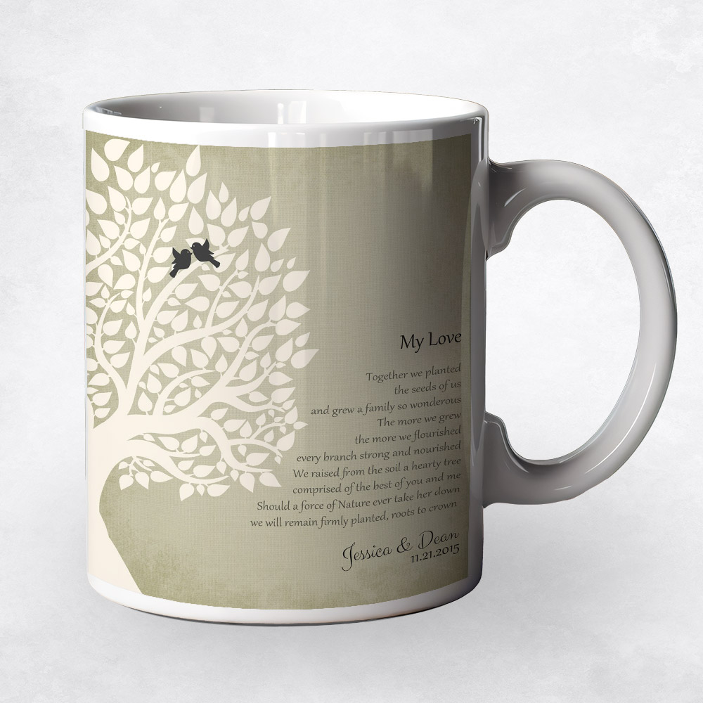 Closeup image of White Silhouette Tree on Sage  anniversary Coffee Mug M-1134