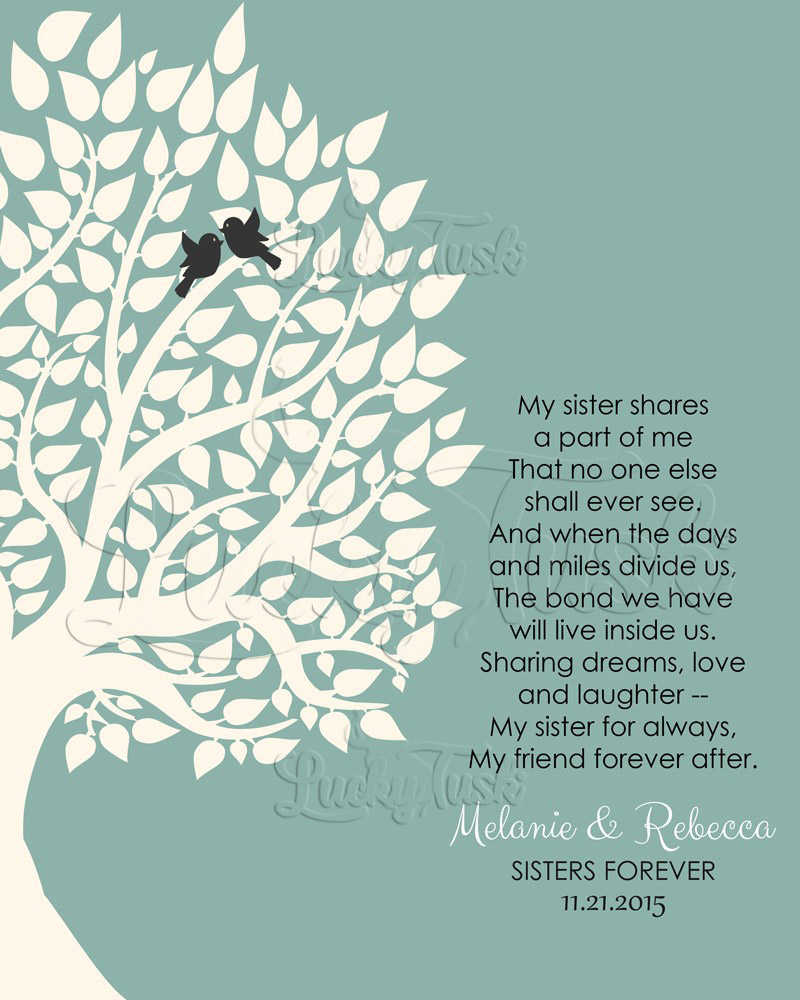 White Silhouette Sisters Tree Poem on Turquoise wedding Wall Plaque LTC-1145