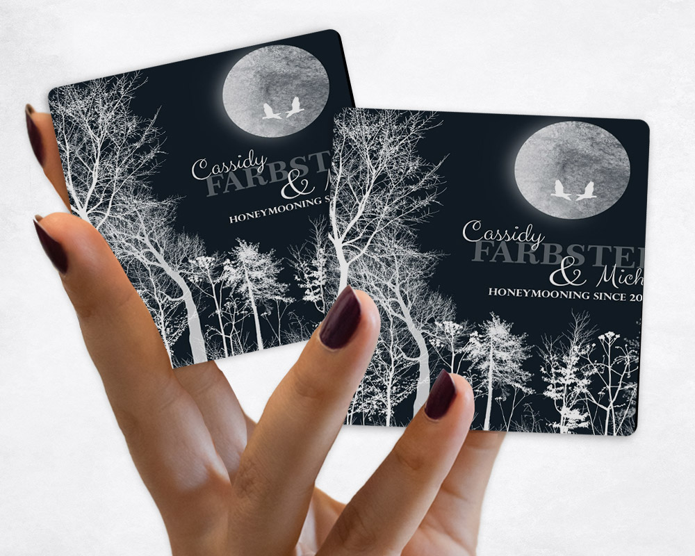 Close up picture of anniversary Full Moon and White Bare Trees on Blue Magnet Set MAG-1148