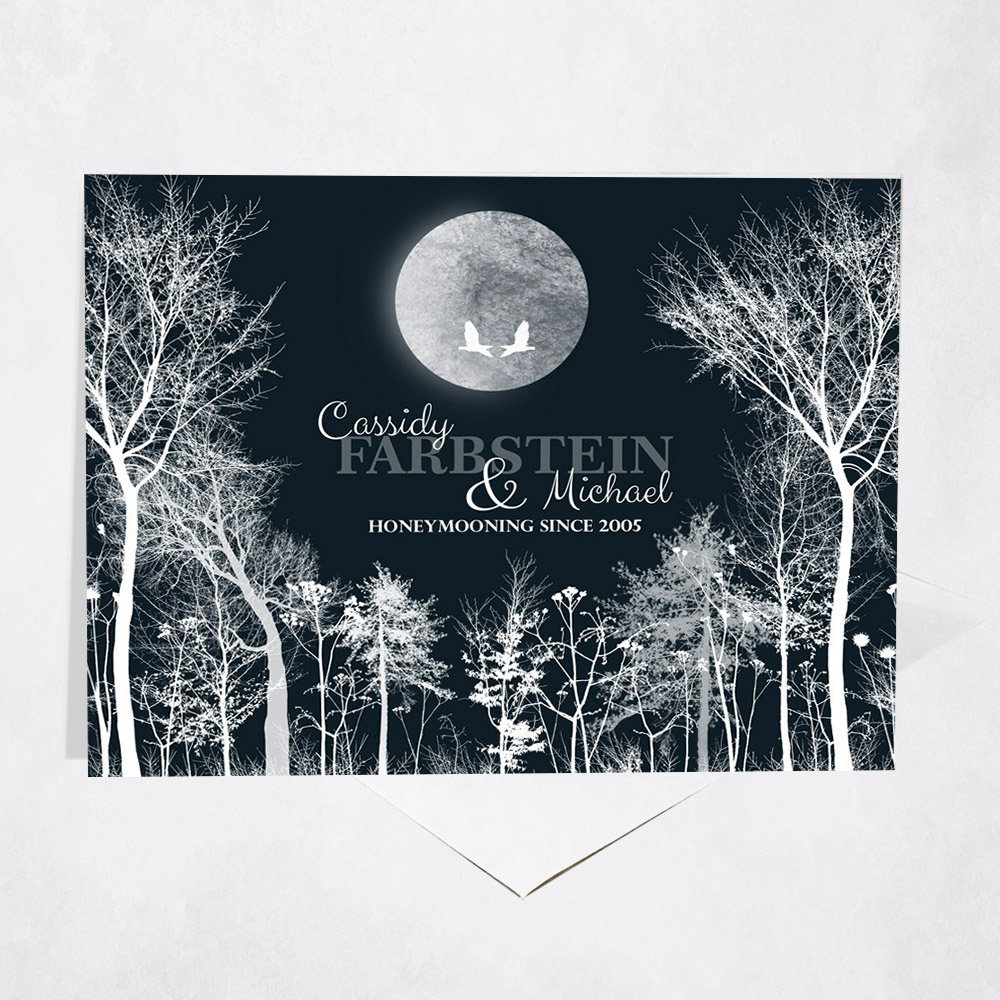 Picture of Full Moon and White Bare Trees Honeymooning anniversary Stationery Card C-1148