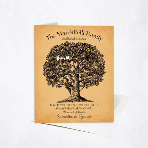 Large Oak Family Tree Poem with Birds on Gold 10th anniversary Stationery Card-1159