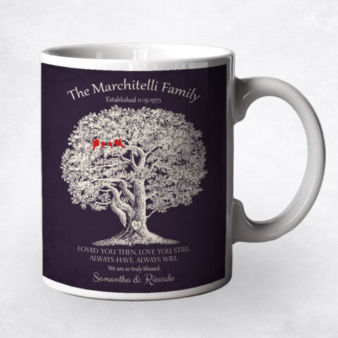 Large Oak Tree with Birds on Purple 10th anniversary Coffee Mug M-1160