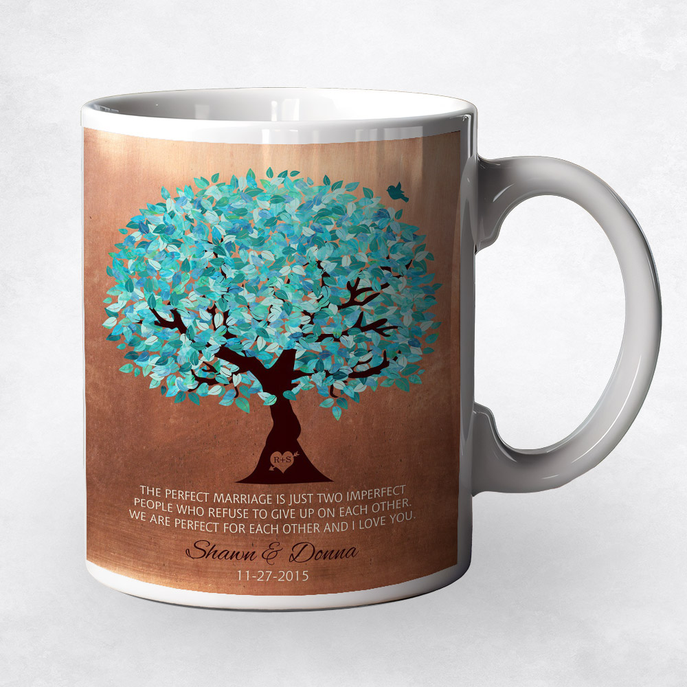 Closeup image of Turquoise Tree Copper 7th anniversary Coffee Mug M-1172