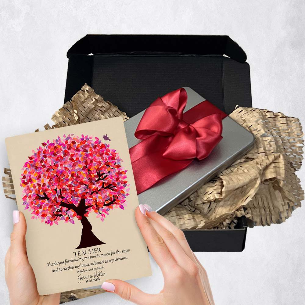 Personalized teacher appreciation gift delivery for teacher Pink Tree  plaque for a unique and permanent flower delivery alternative. teacher appreciation gift delivery.