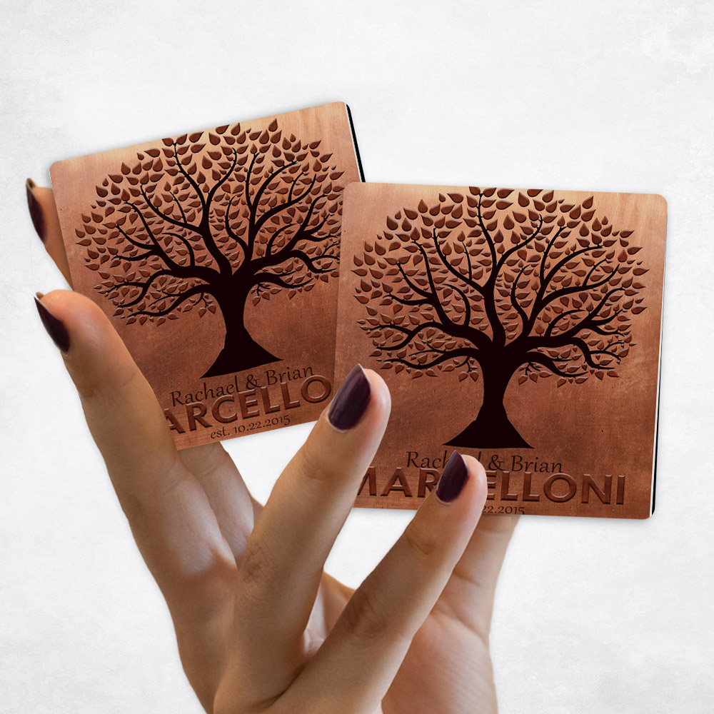 Close up picture of 7th anniversary Name Silhouette Tree on Copper Magnet Set MAG-1181