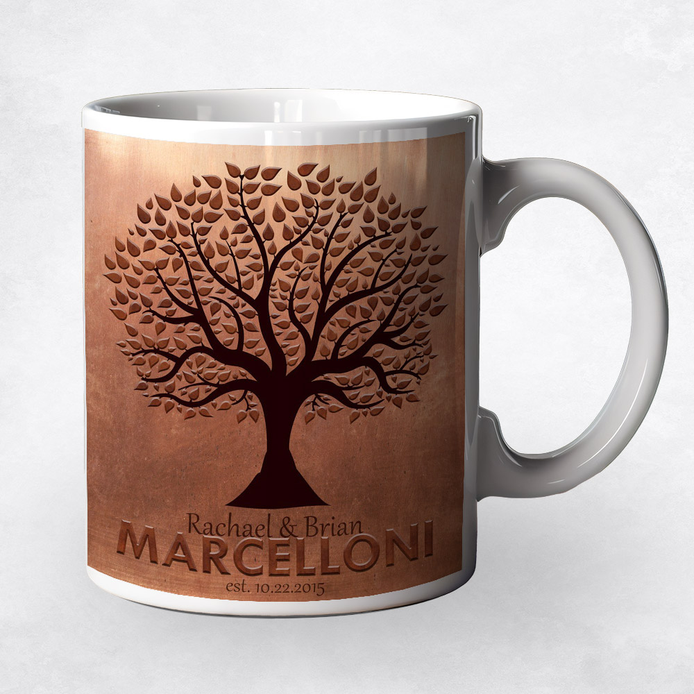 Closeup image of Name Silhouette Tree Copper 7th anniversary Coffee Mug M-1181