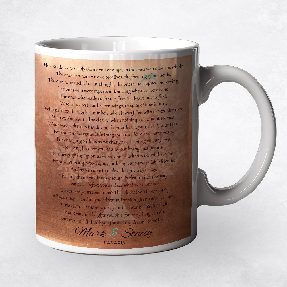 Closeup image of Faded Tree Thank You Parents Copper wedding Coffee Mug M-1182