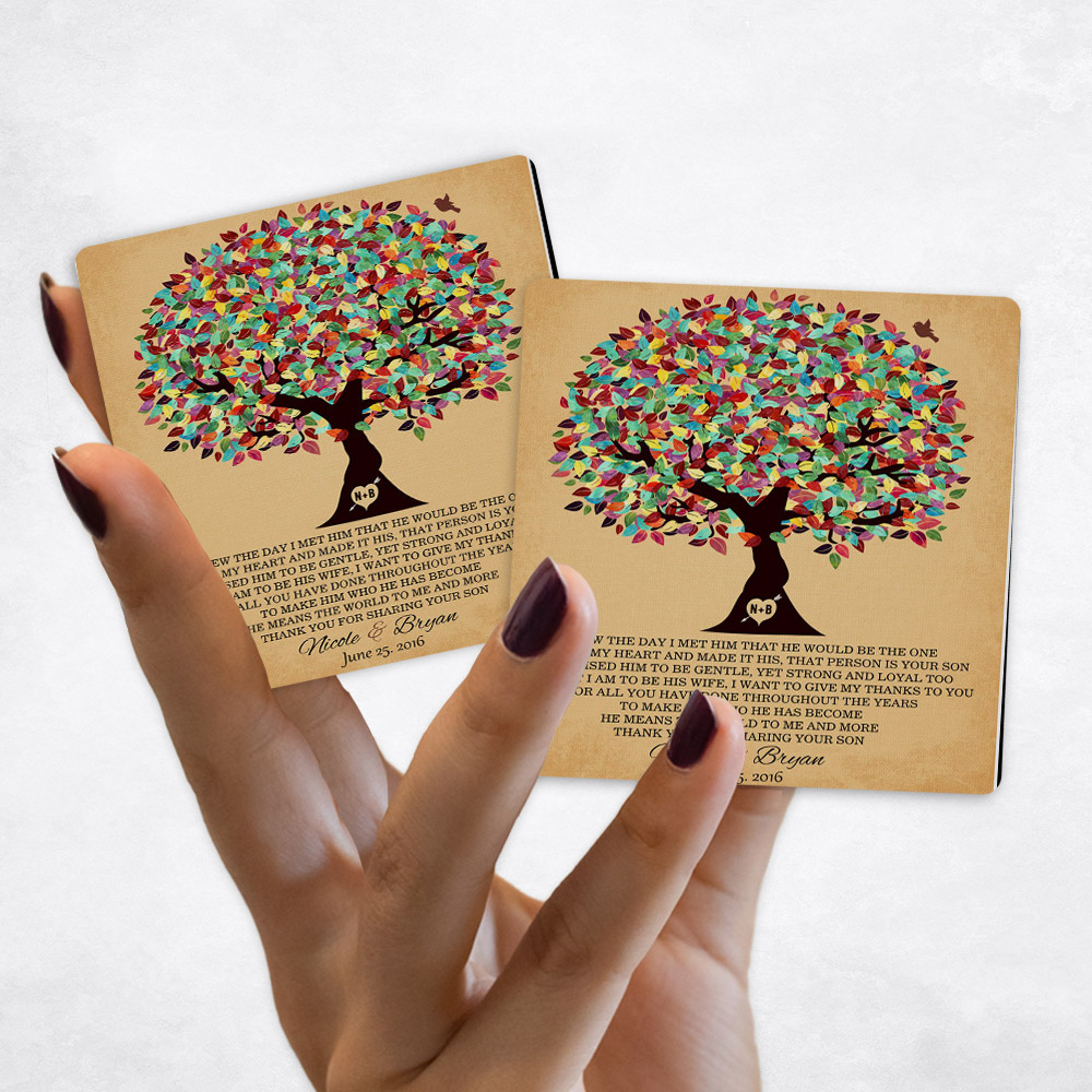 Close up picture of wedding Colorful Tree on Gold Distressed Linen Magnet Set MAG-1203