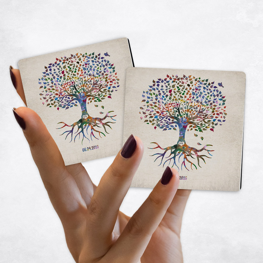 Close up picture of anniversary Watercolor Commemoration Tree Distressed Canvas Magnet Set MAG-1248