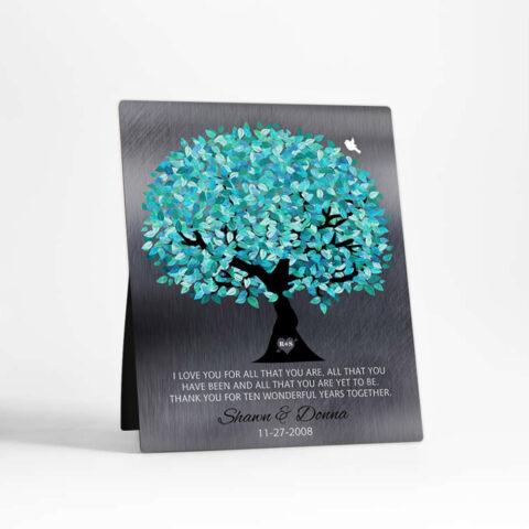 Turquoise Tree 10th anniversary Tin Desktop Plaque Gift for couple D-1265