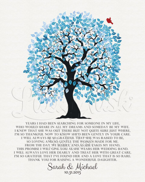 Blue Mother of Bride Appreciation Owl Tree Poem on Cotton wedding Wall Plaque 1267