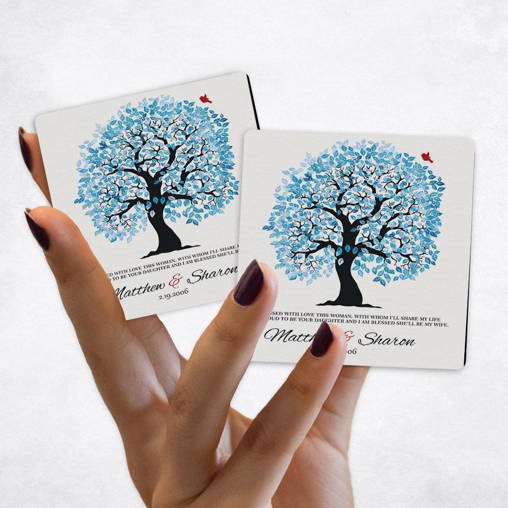 Close up picture of wedding Blue Owl Tree on Cotton Magnet Set MAG-1272