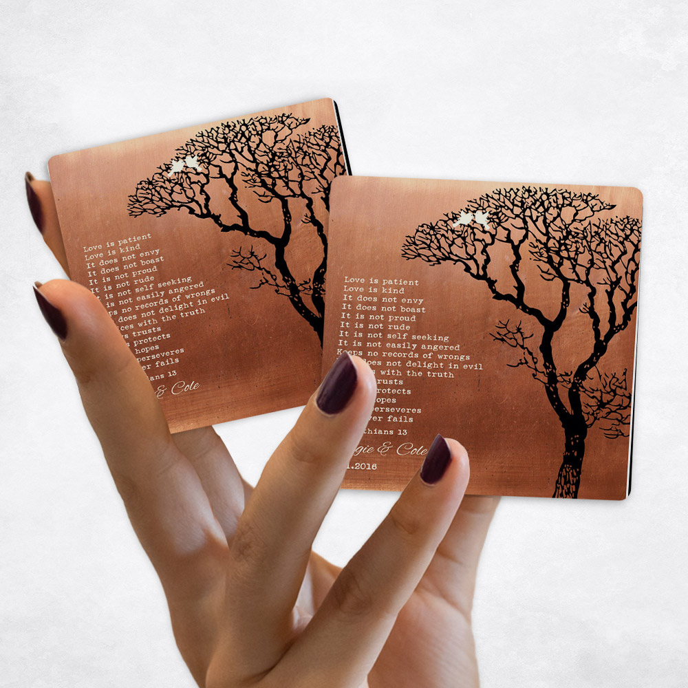 Close up picture of 7th anniversary Bare Winter Tree Black on Copper Magnet Set MAG-1296