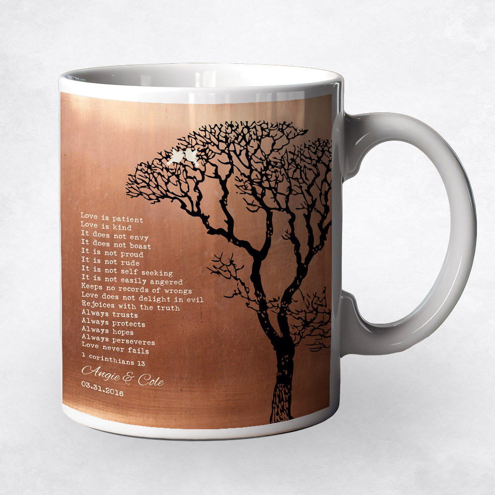 Closeup image of Bare Winter Tree Black Copper 7th anniversary Coffee Mug M-1296