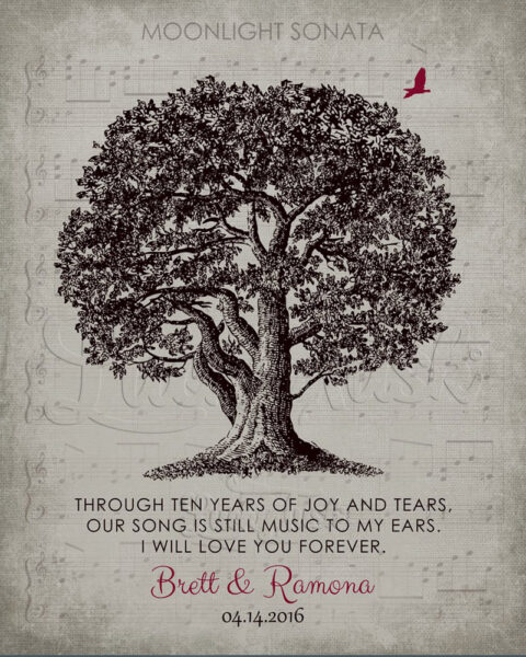 Oak Tree Ten Years Appreciation First Dance Sheet Music Distressed Linen 10th anniversary Wall Plaque 1331