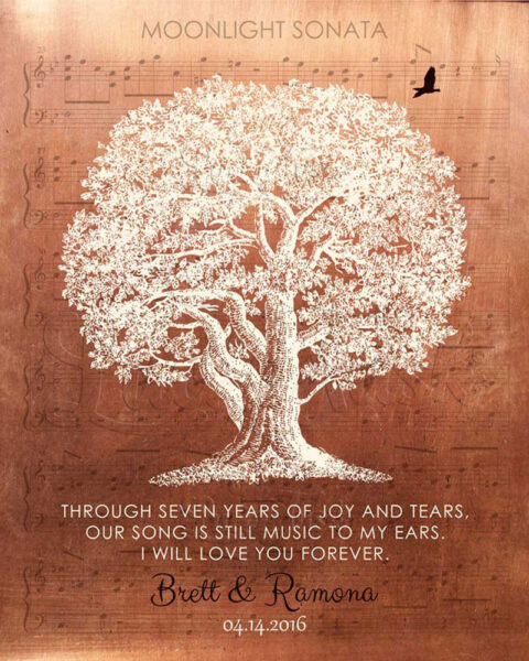 Large White Oak Seven Years Appreciation Our Song Sheet Music on Copper 7th anniversary Wall Plaque 1332