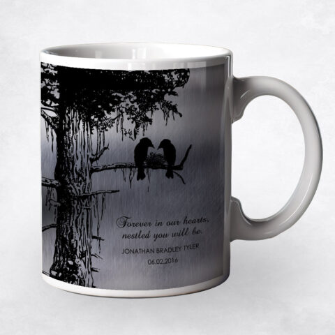 Dark Black Sequoia Memorial Tree and Bird Nest Tin Loss of Baby Coffee Mug M-1355