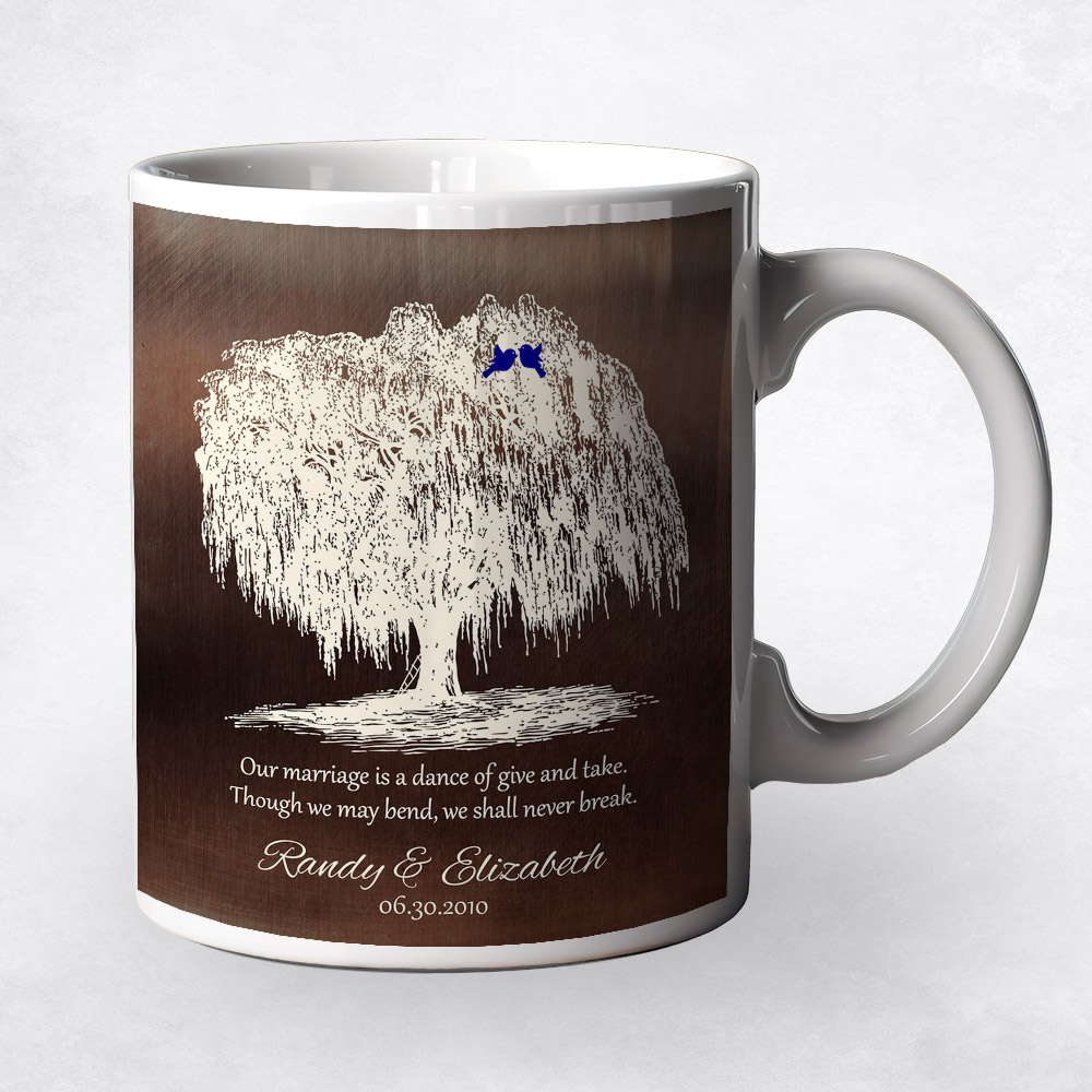 Closeup image of White Silhouette Willow Tree Bronze 9th anniversary Coffee Mug M-1380