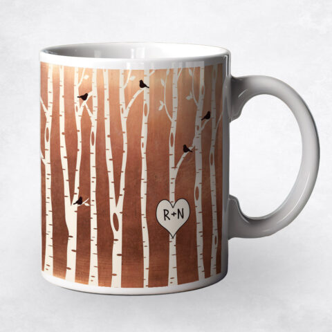 Birch Trees Forest with Heart Copper 7th anniversary Coffee Mug M-1428