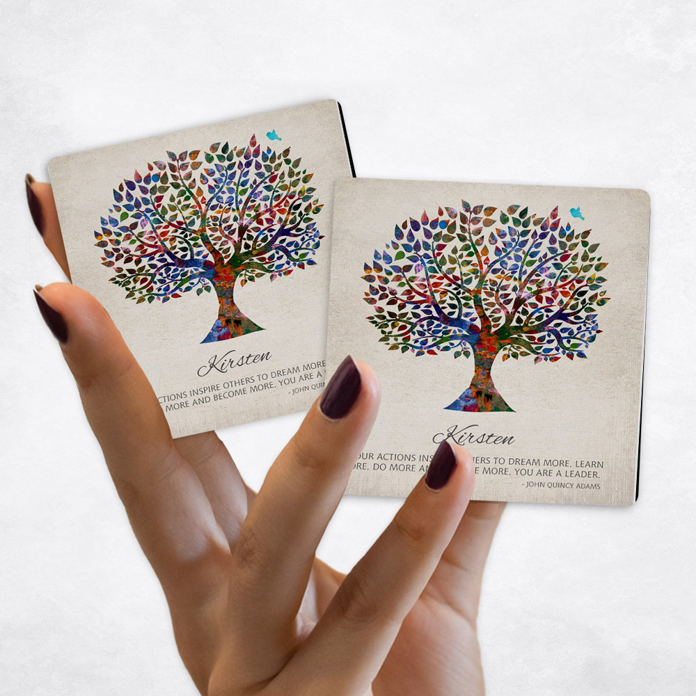 Close up picture of Leadership Appreciation Watercolor Silhouette Tree Distressed Linen Magnet Set MAG-1473